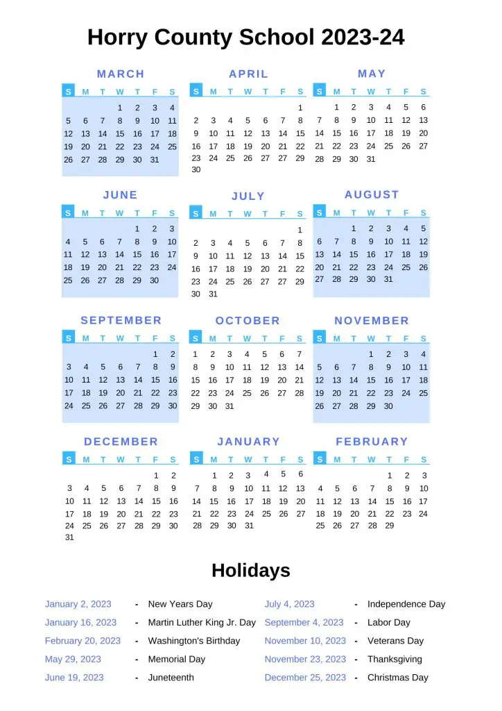 Horry County Schools Calendar 202324 with Holidays