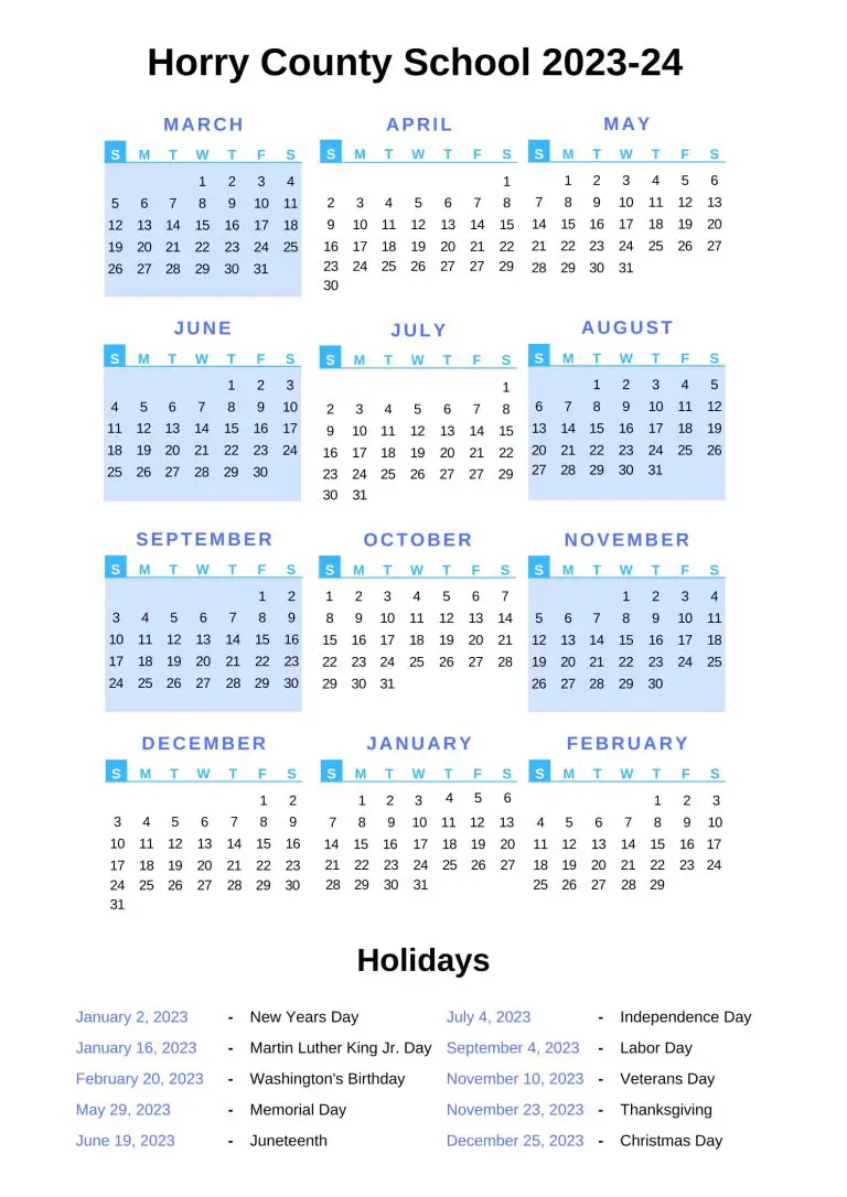 Horry County Schools Calendar 202324 with Holidays