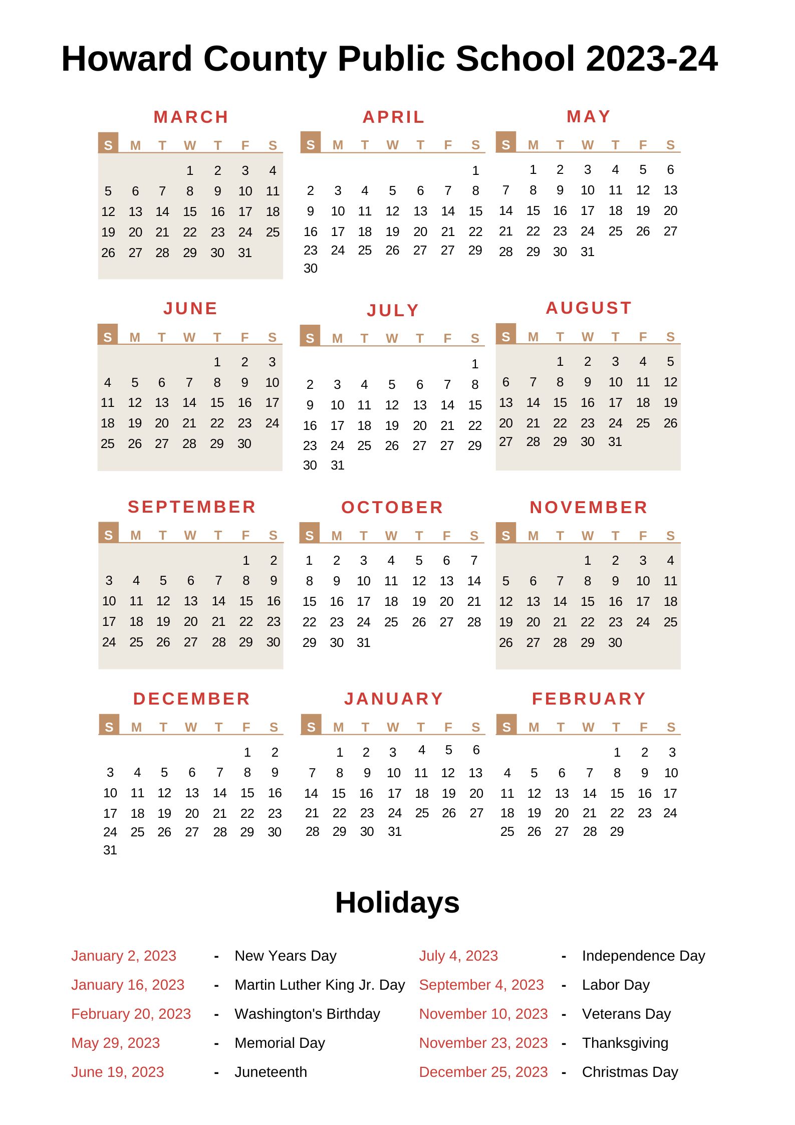 Howard County Public Schools Calendar 202324 With Holidays