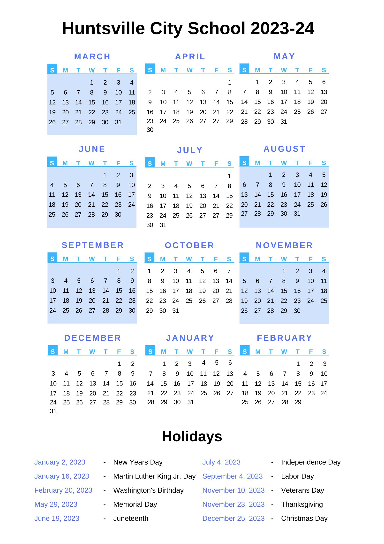 Huntsville City Schools Calendar 202324 With Holidays