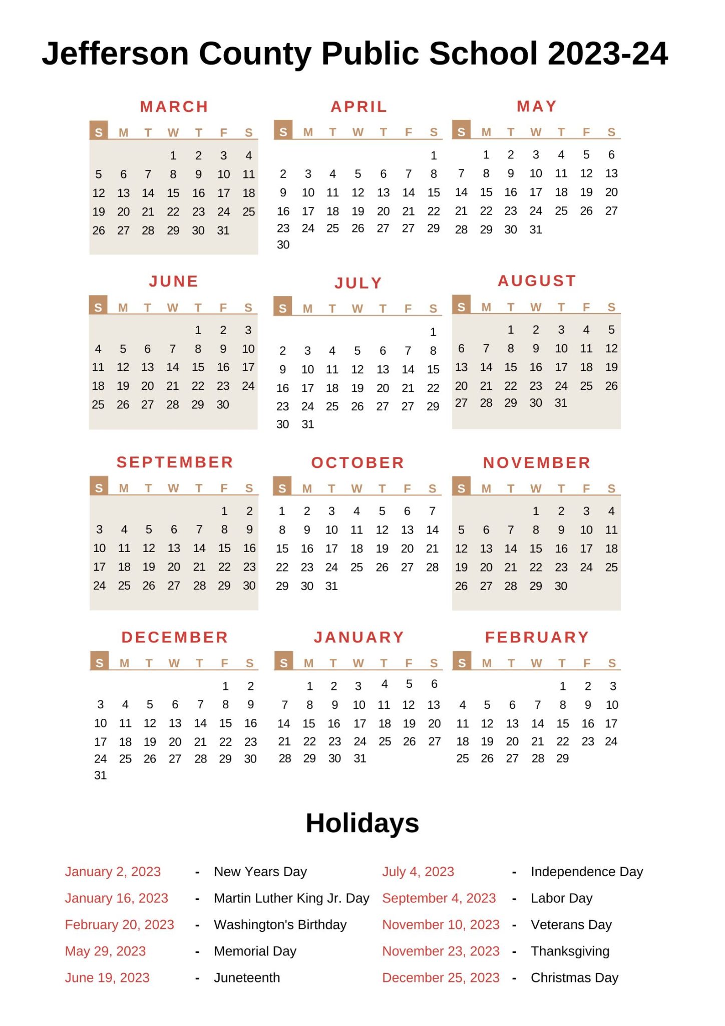 Jefferson County Public Schools Calendar 2023 24 with Holidays