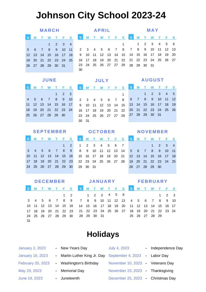 Johnson City Schools Calendar [JCS] 2023-24 with Holidays