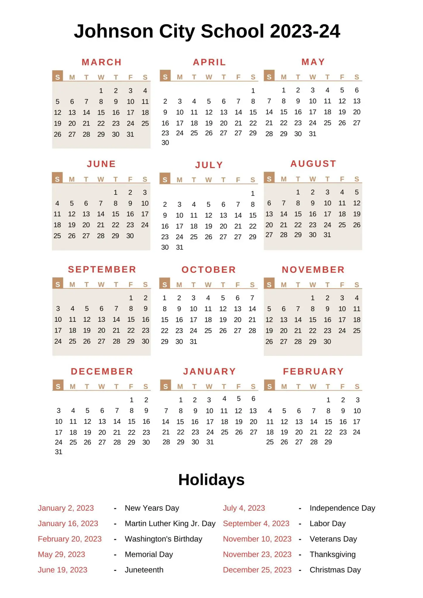Johnson City Schools Calendar [JCS] 202324 with Holidays
