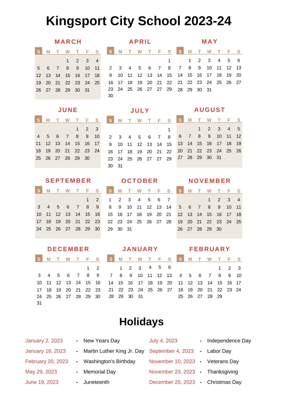 Kingsport City Schools Calendar [KCS] 202324 With Holidays