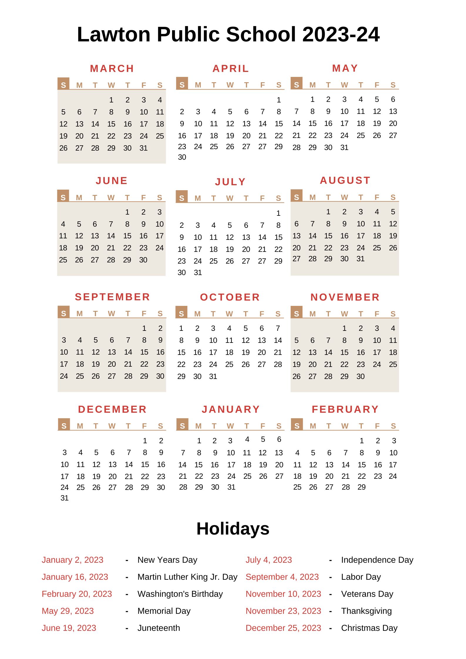 Lawton Public Schools Calendar 202324 With Holidays