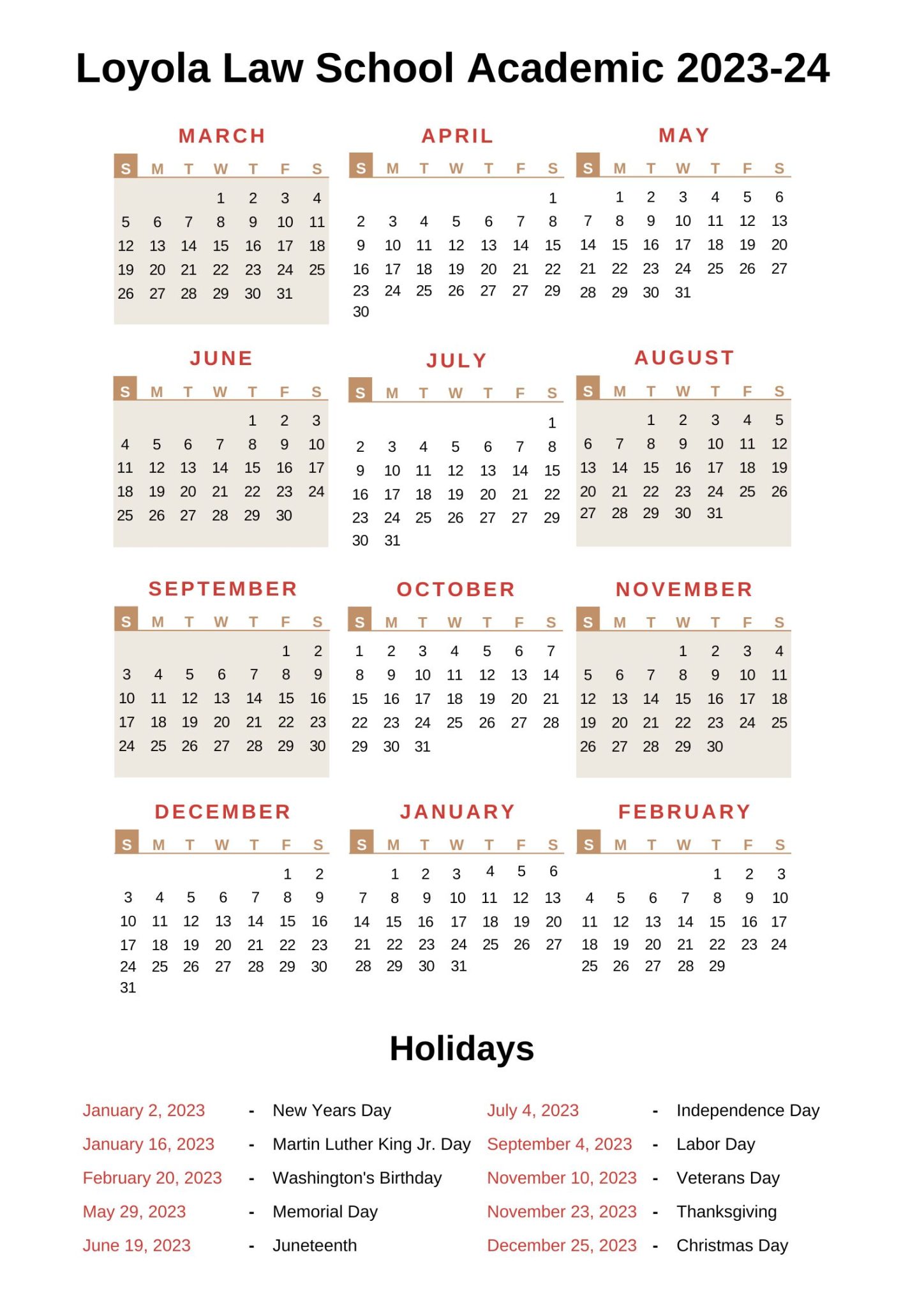 Loyola Law School Academic Calendar 202324 With Holidays