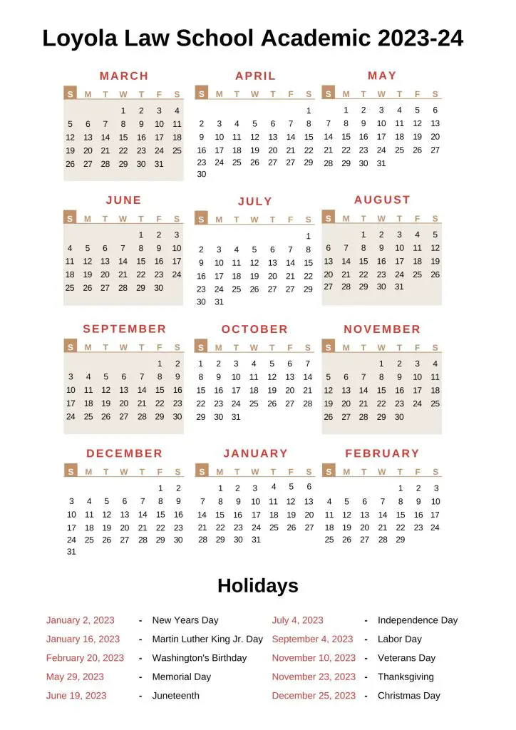 Loyola Law School Academic Calendar 2023 24 With Holidays