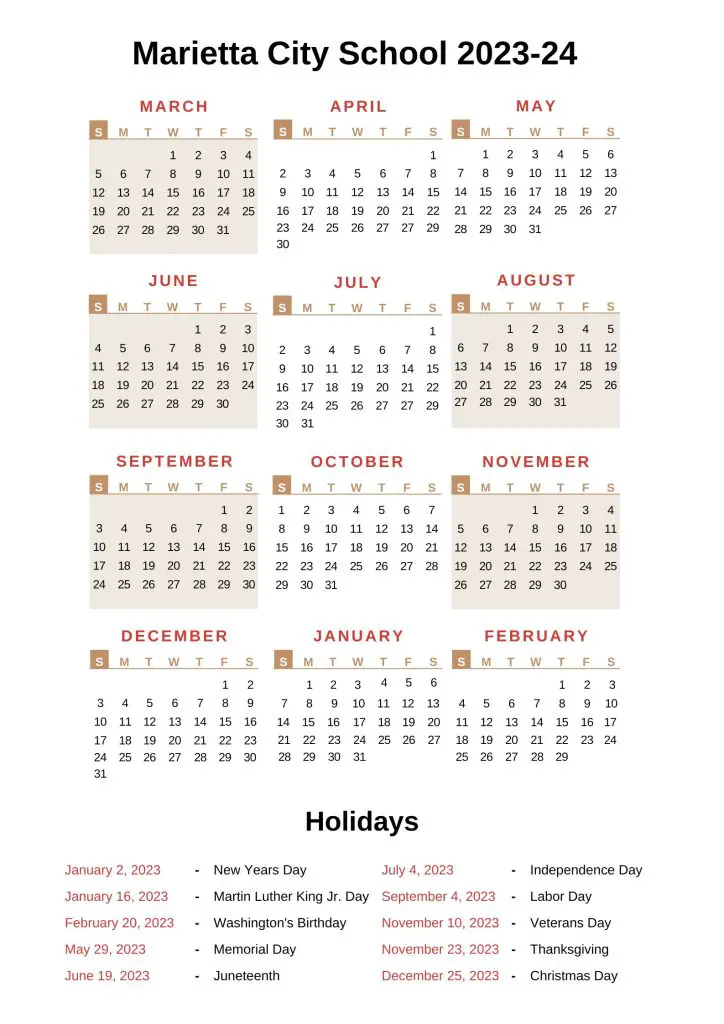Marietta City School Calendar