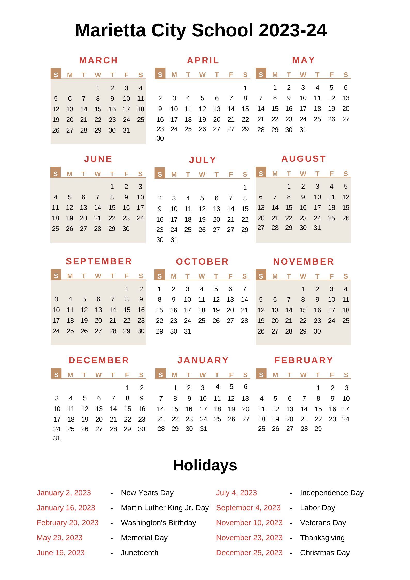 Marietta City Schools Calendar 202324 With Holidays