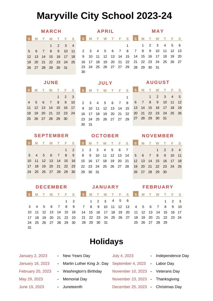 Maryville City School Calendar