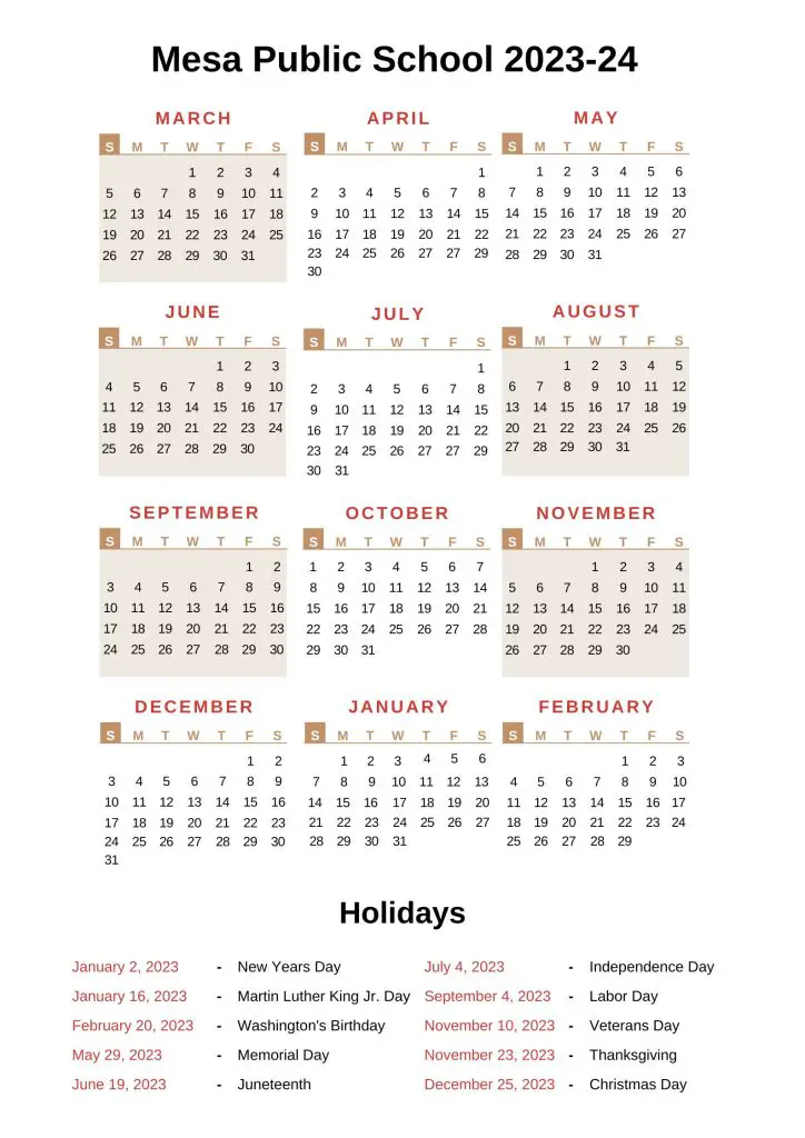 Mesa Public School Calendar