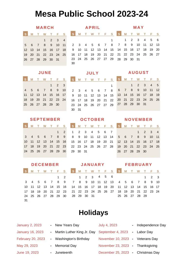 Mesa Public Schools Calendar 202324 With Holidays