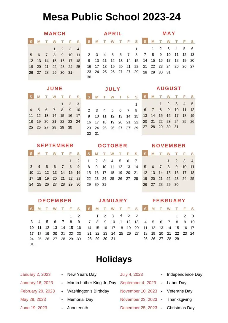 Mesa Public Schools Calendar 2023 24 With Holidays