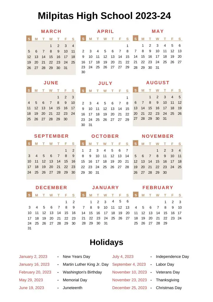Milpitas High Schools Calendar