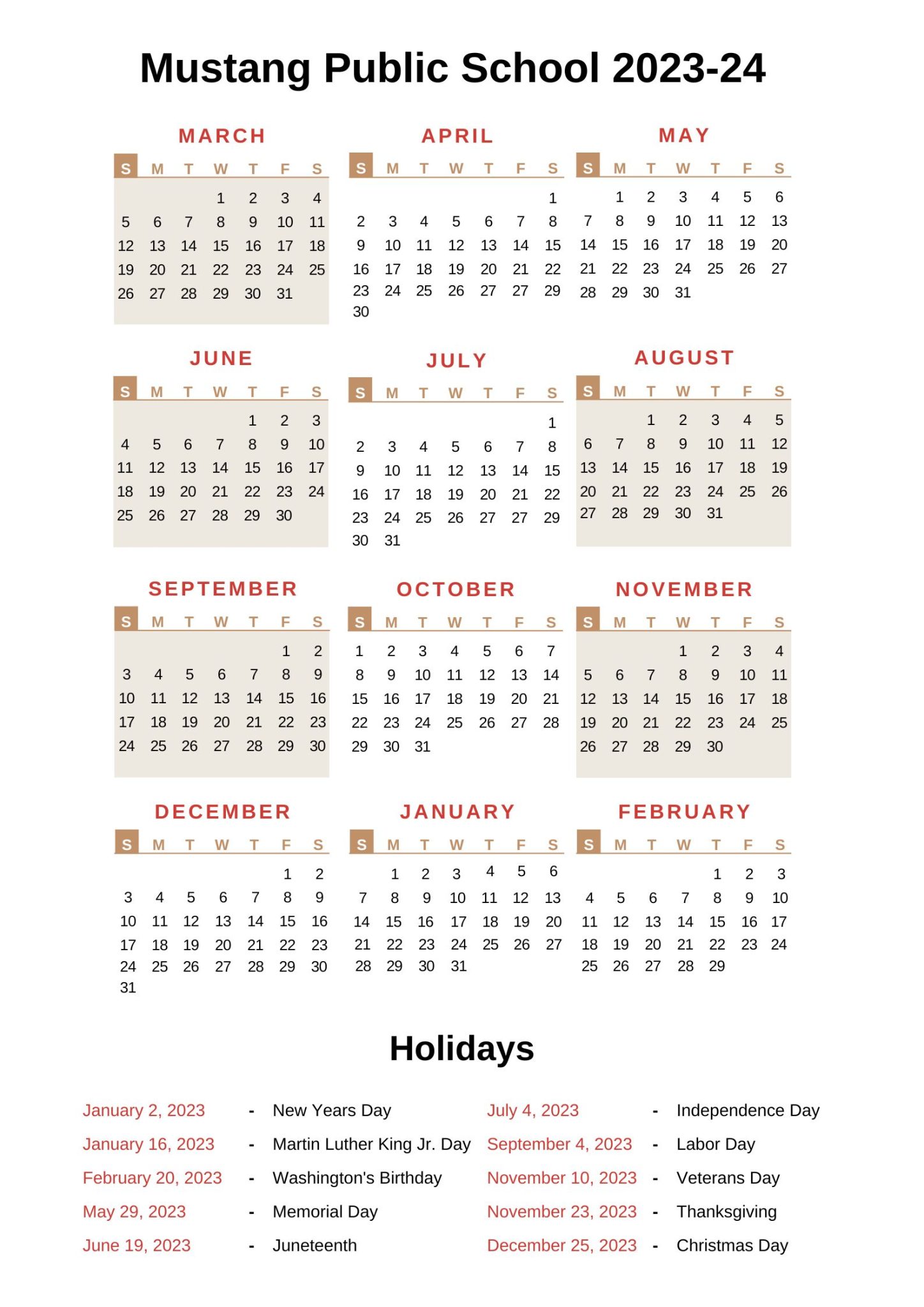 Mustang Public Schools Calendar [MPS] 202324 With Holidays