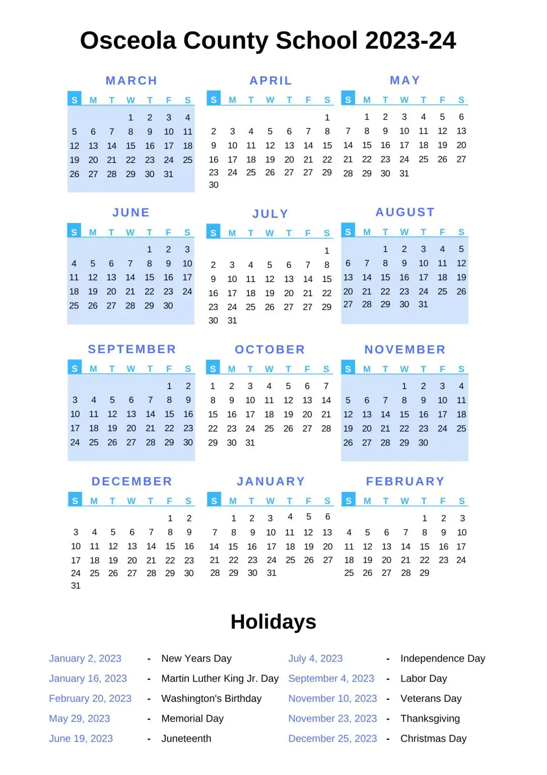 Osceola County School Calendar 2023-24 With Holidays