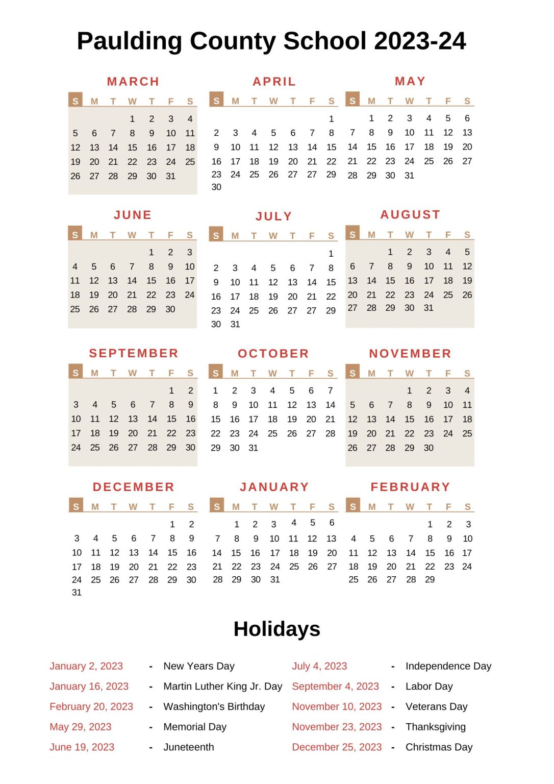 Paulding County Schools Calendar [PCS] 202324 with Holidays