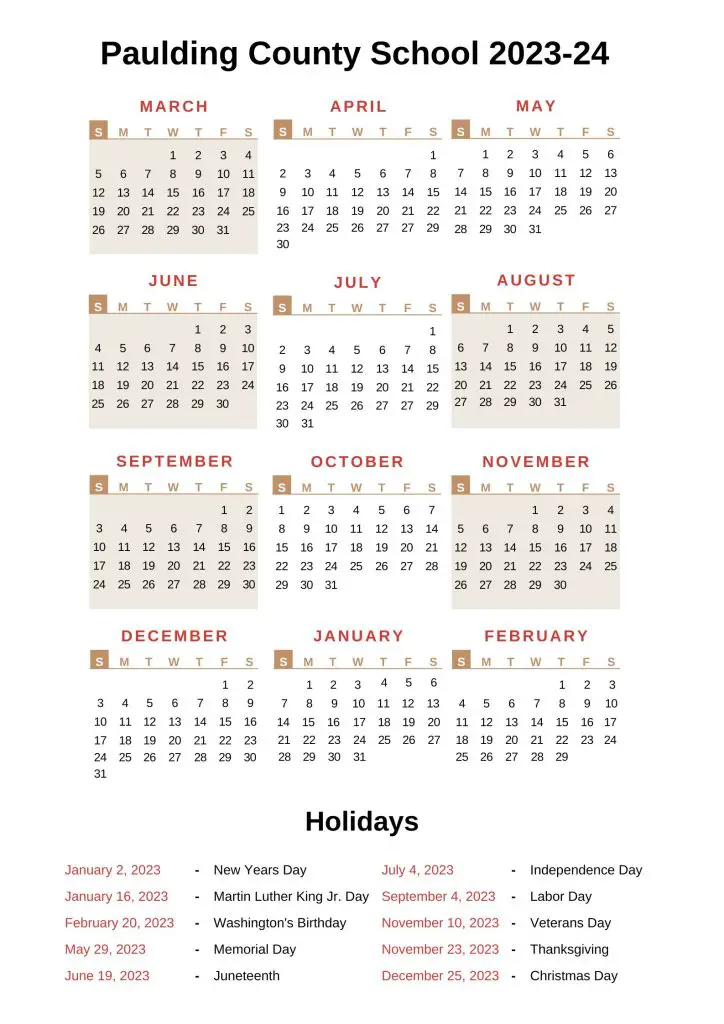 Paulding County Schools Calendar [PCS] 202324 with Holidays