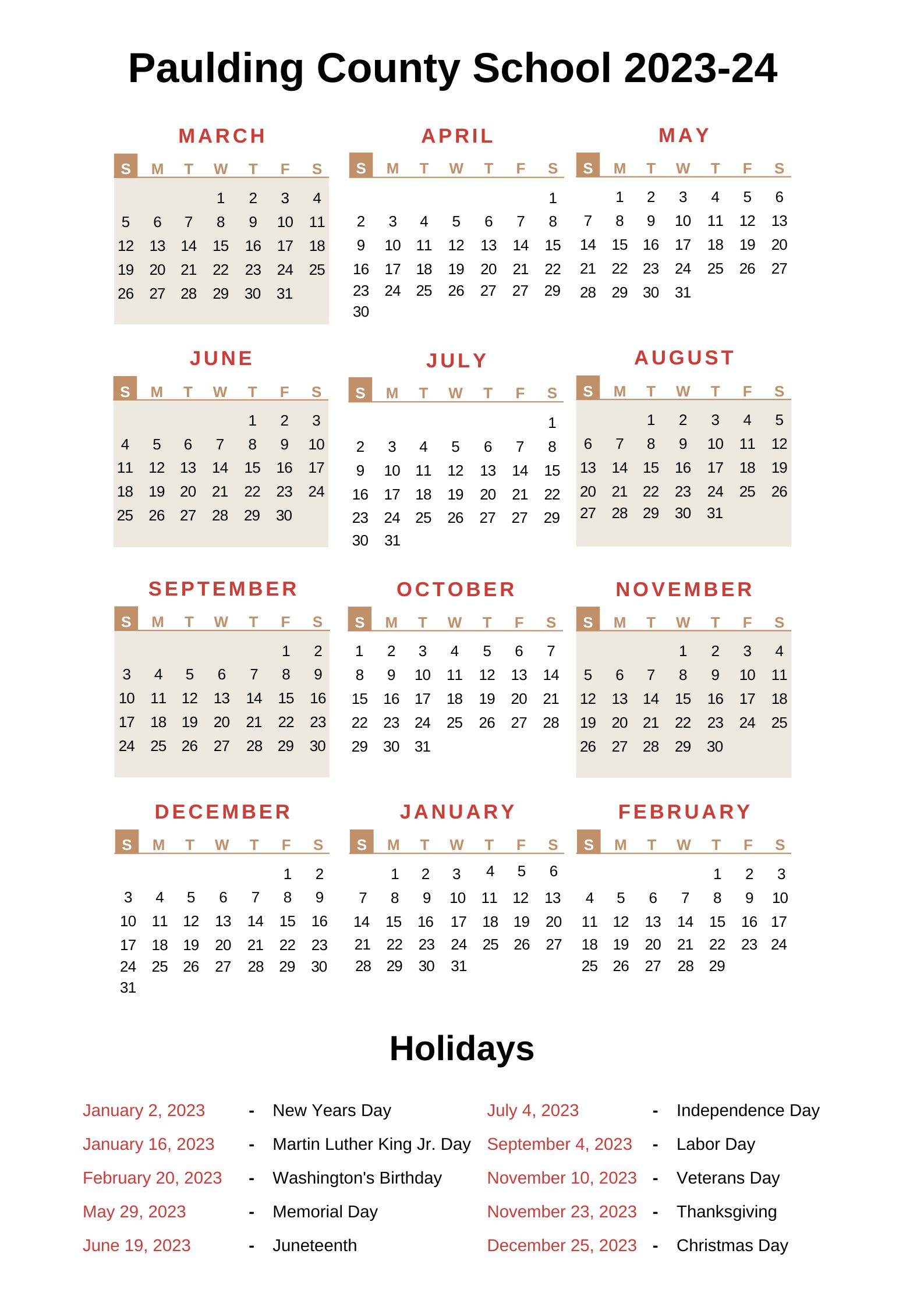 Paulding County Schools Calendar [PCS] 202324 with Holidays