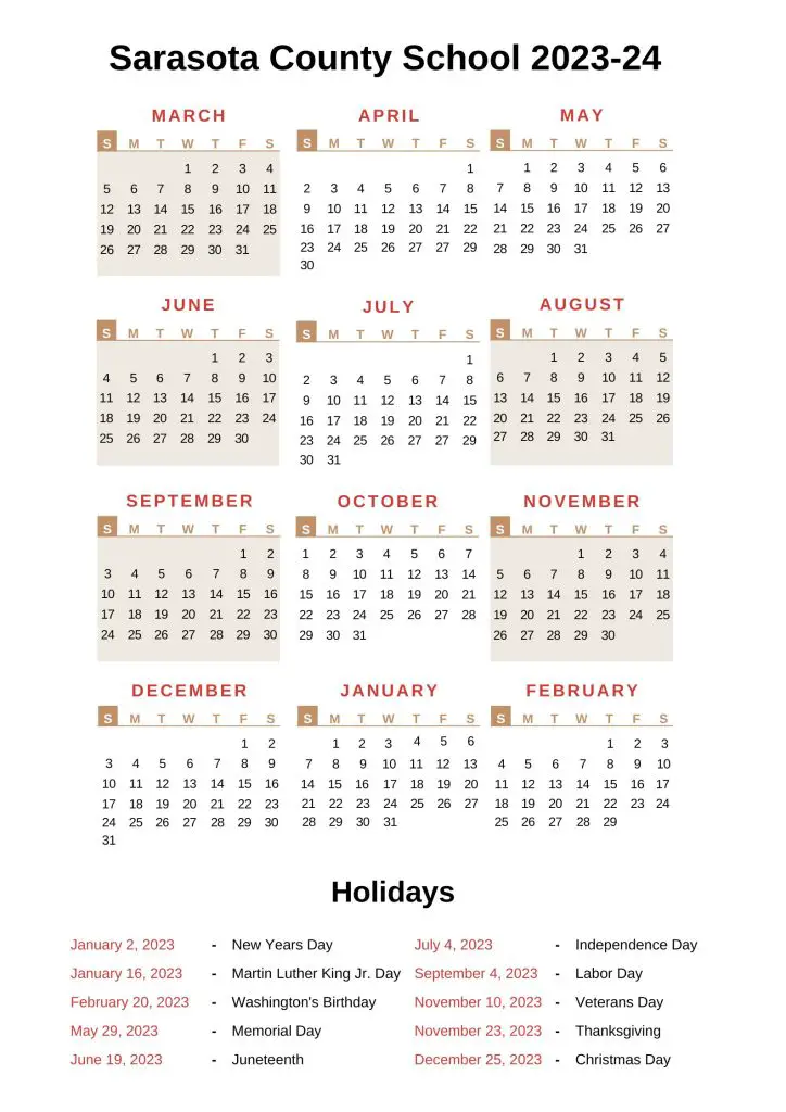 Sarasota County Schools Calendar 202324 With Holidays