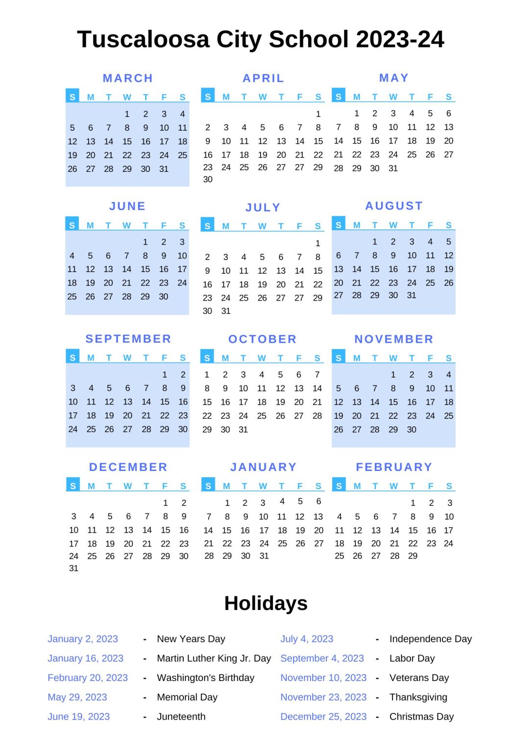 Tuscaloosa City Schools Calendar 202324 With Holidays
