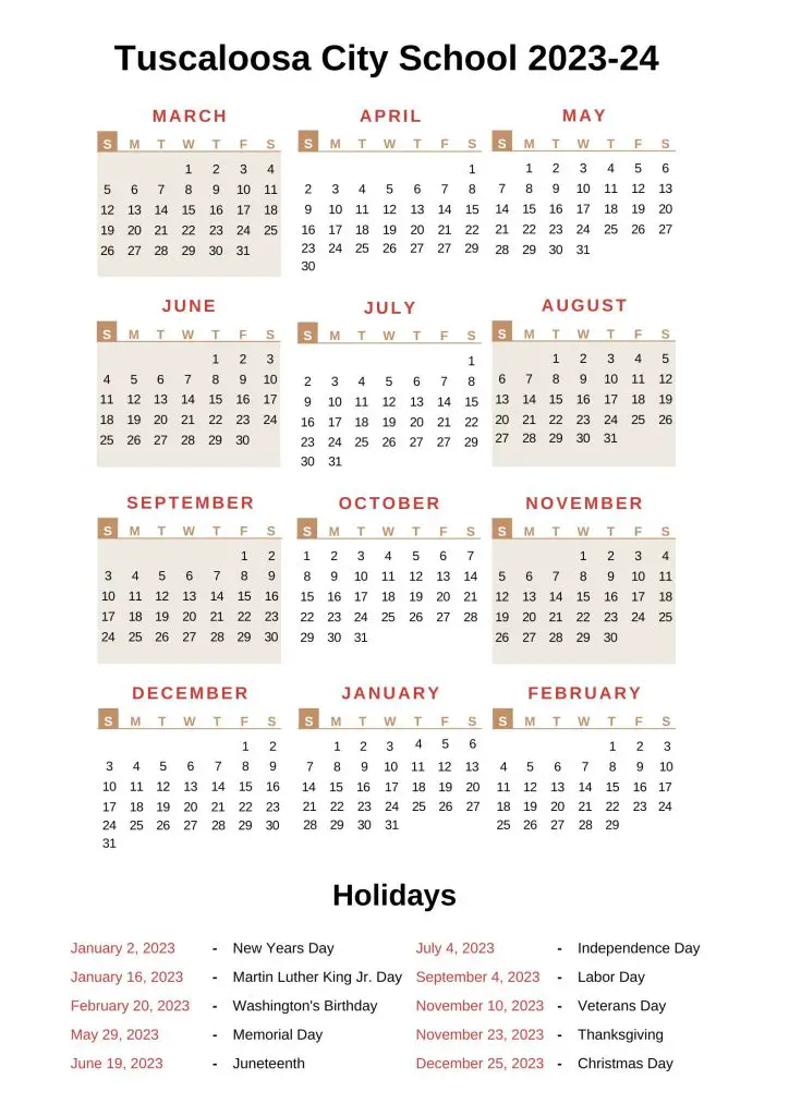 Tuscaloosa City School Calendar