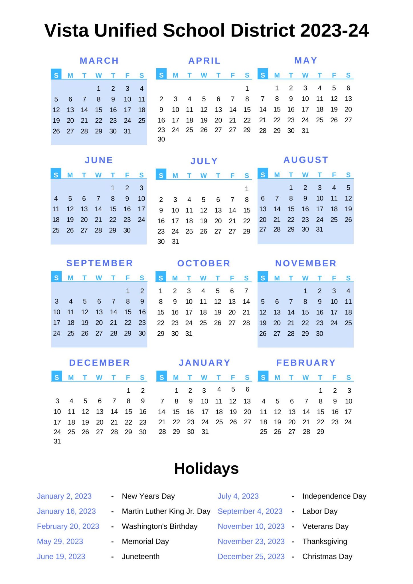 vista unified school district calendar