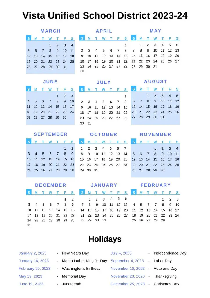 Vista Unified School District Calendar
