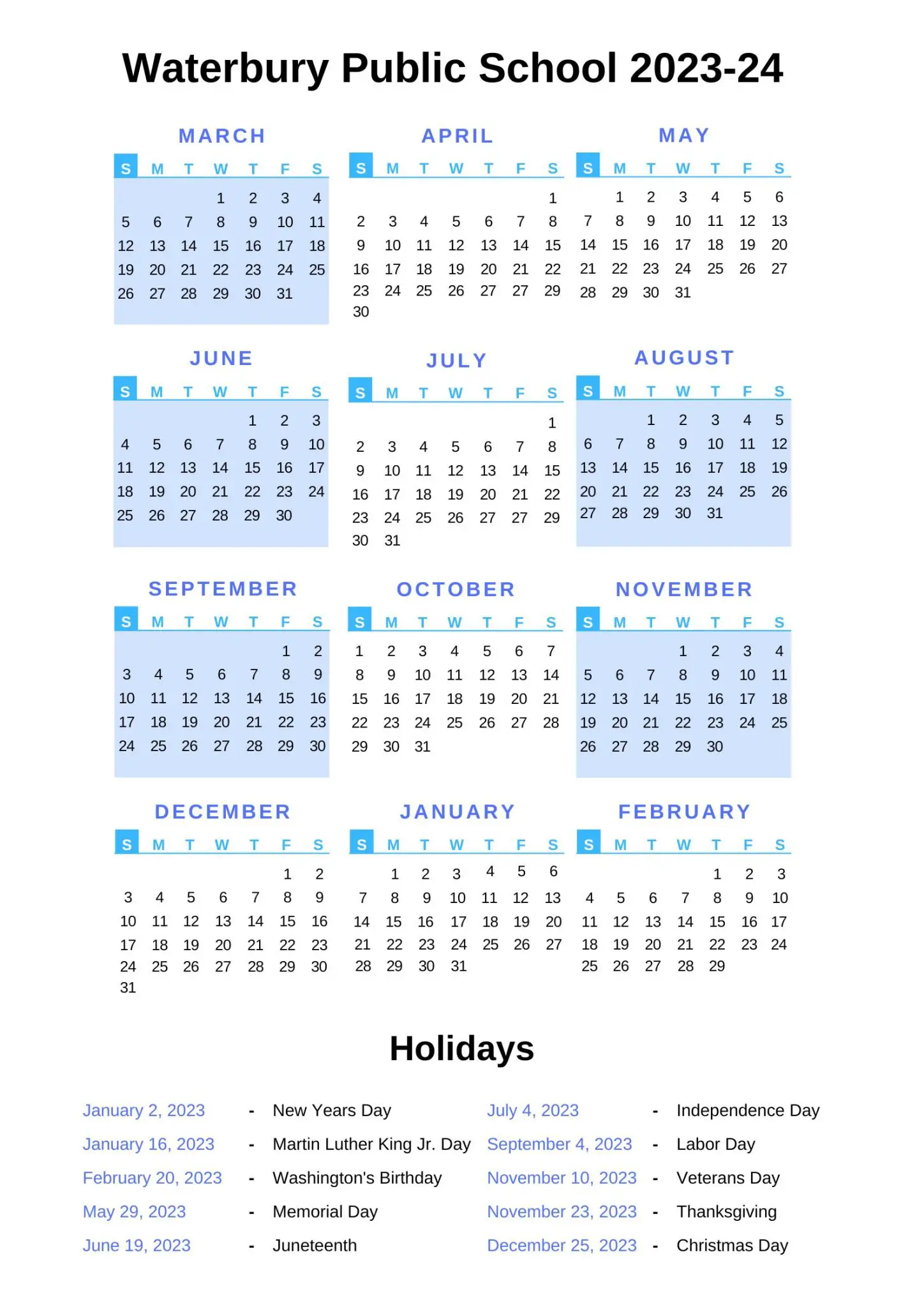 Waterbury Public Schools Calendar 202324 With Holidays