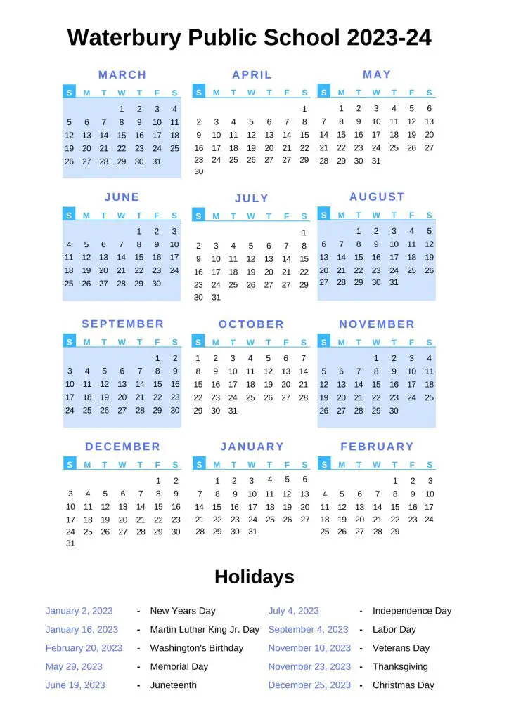 Waterbury Public Schools Calendar 2023 24 With Holidays