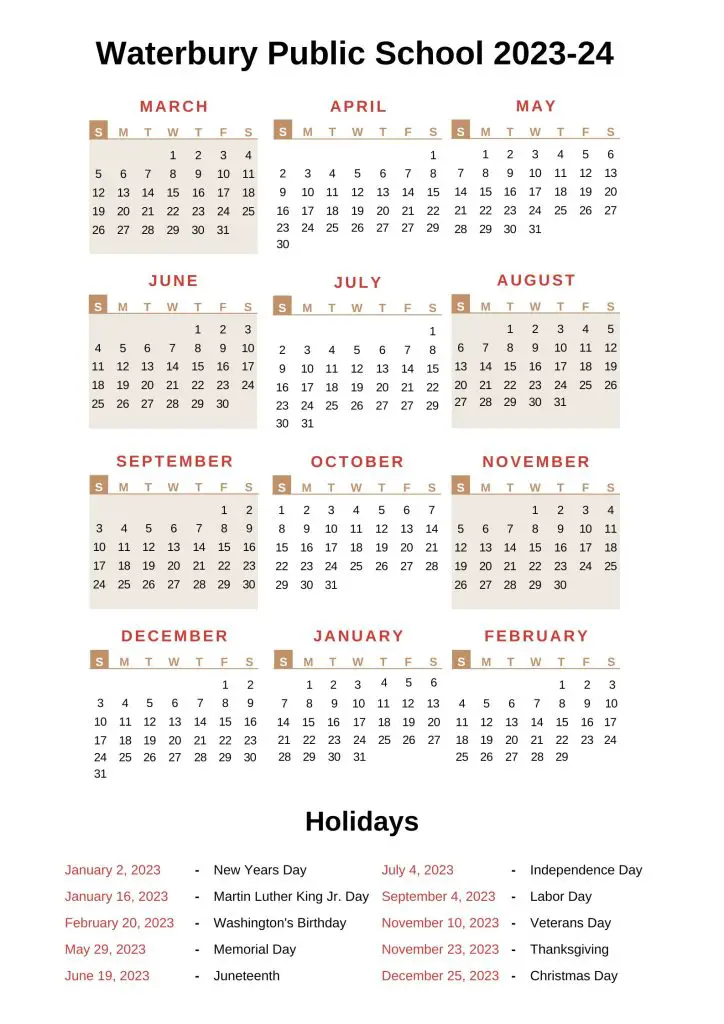 Waterbury Public School Calendar