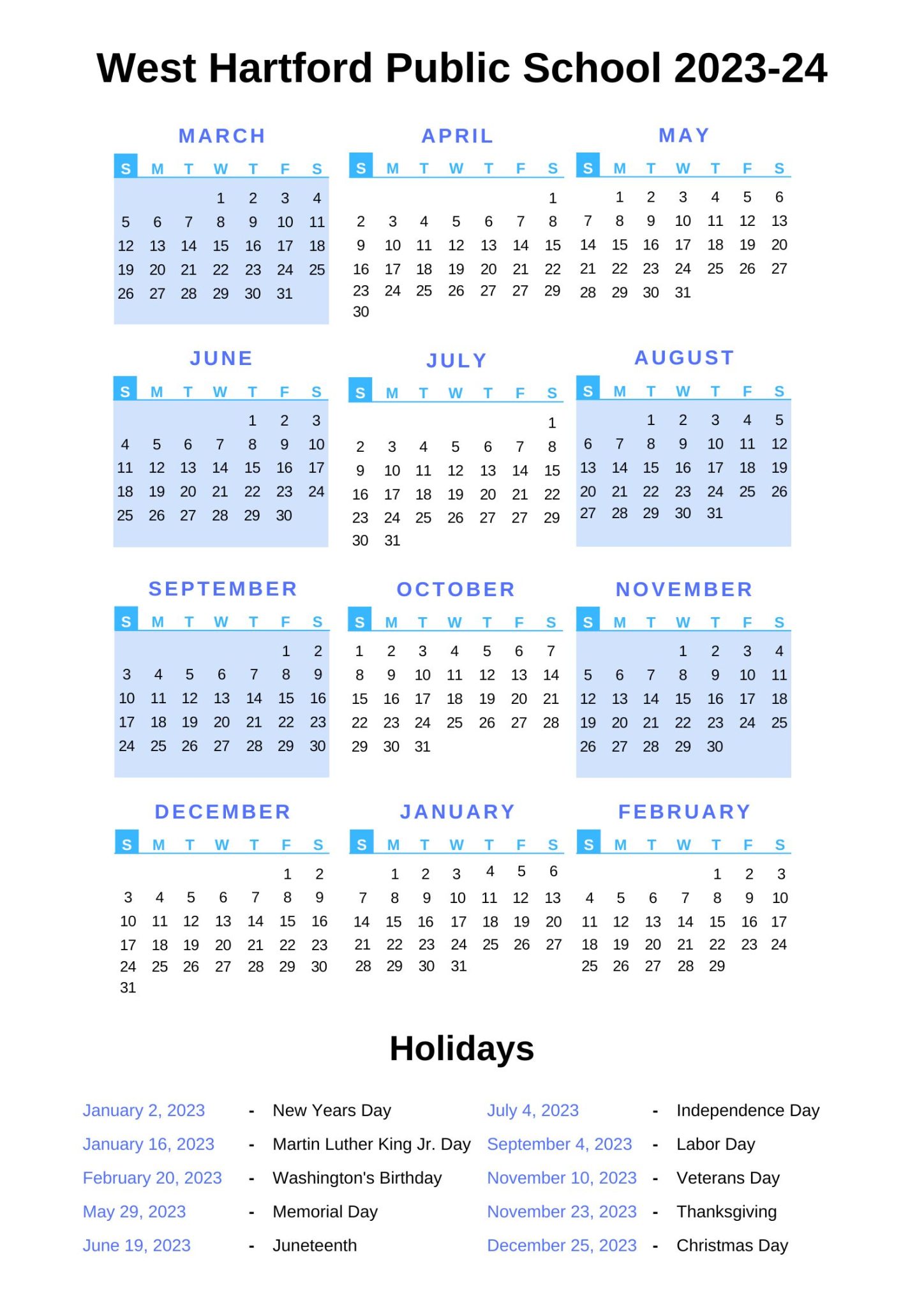 West Hartford Public Schools Calendar 202324 With Holidays