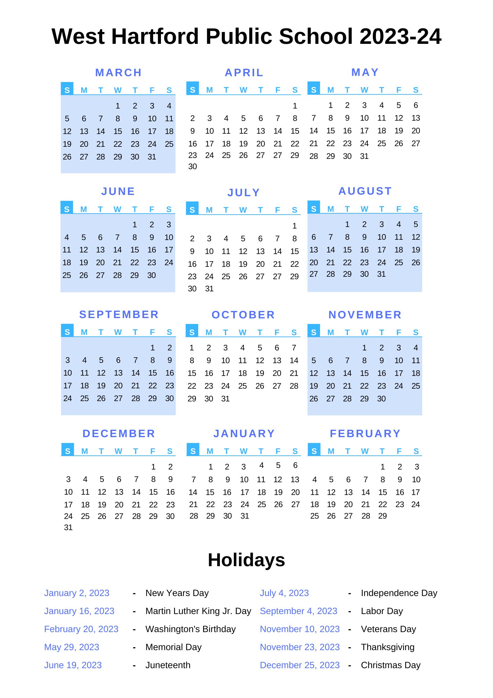 West Hartford Public Schools Calendar 202324 With Holidays