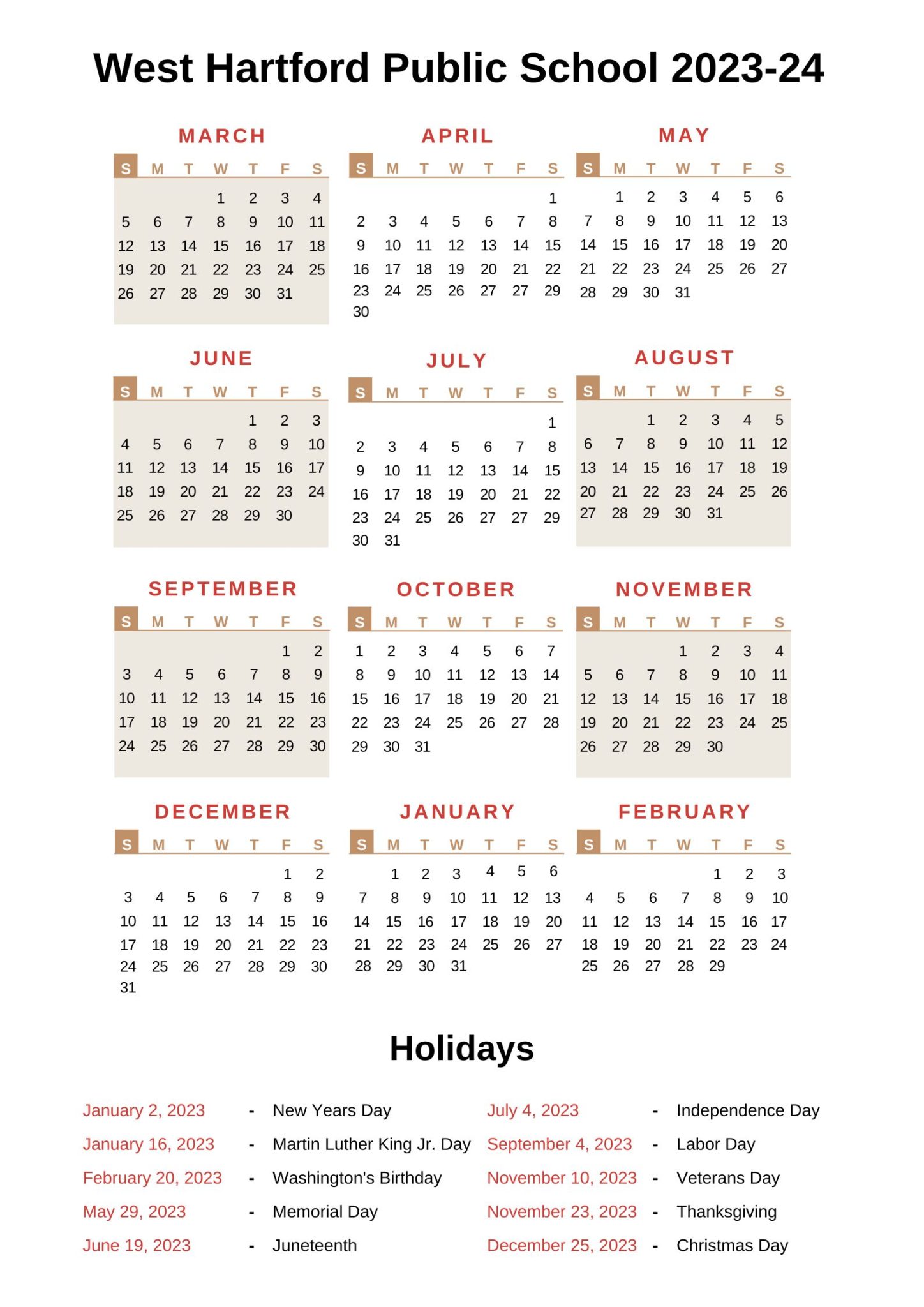 West Hartford Public Schools Calendar 2023 24 With Holidays
