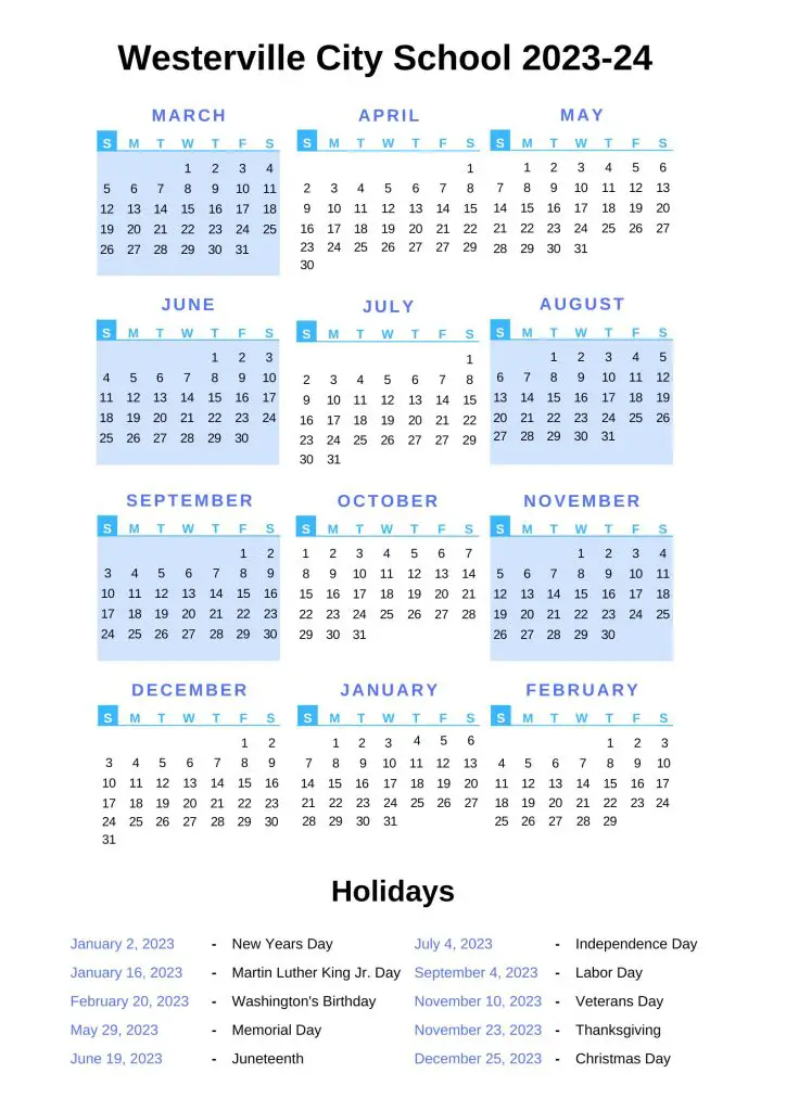 Westerville City Schools Calendar