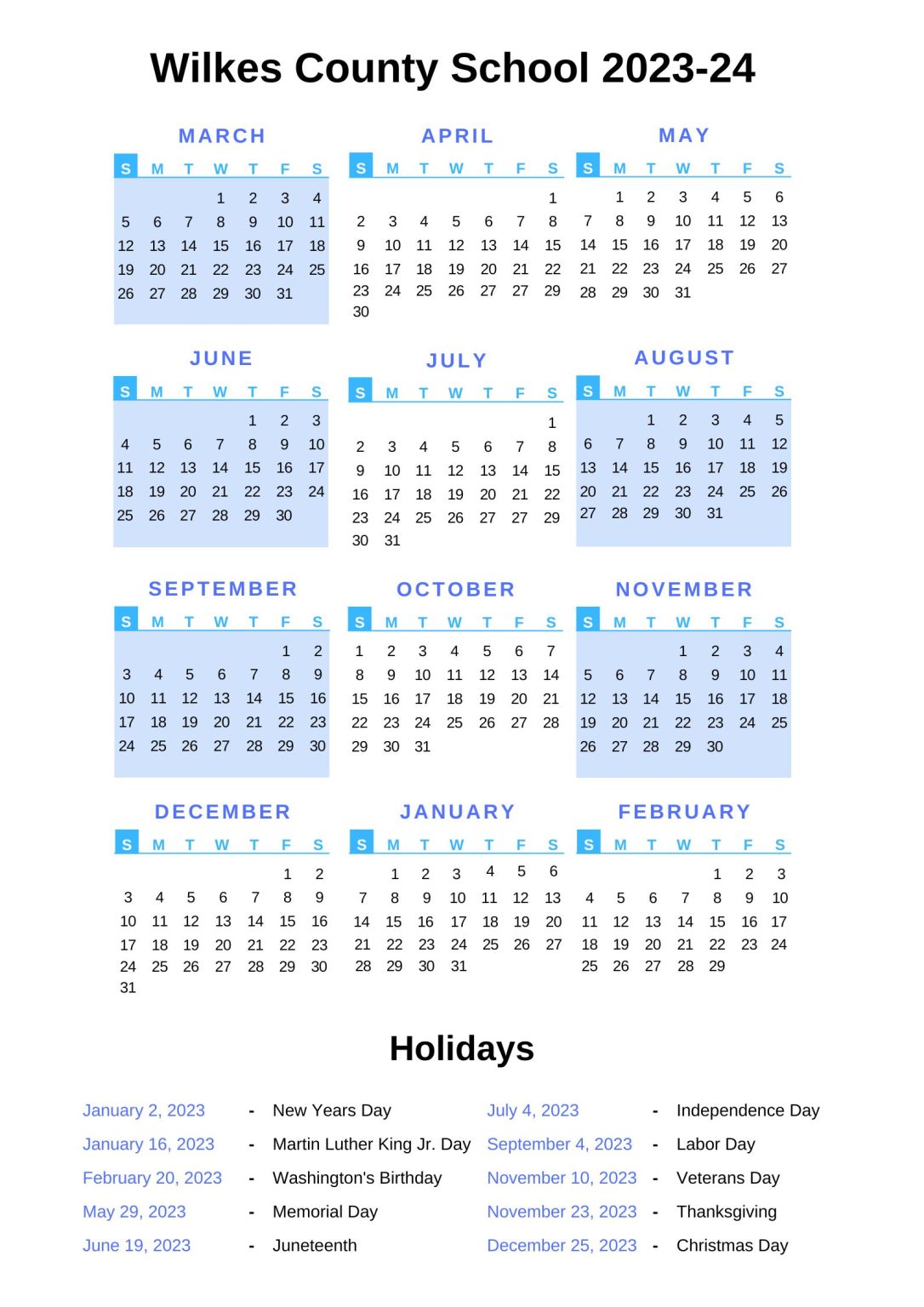 Wilkes County Schools Calendar 202324 With Holidays