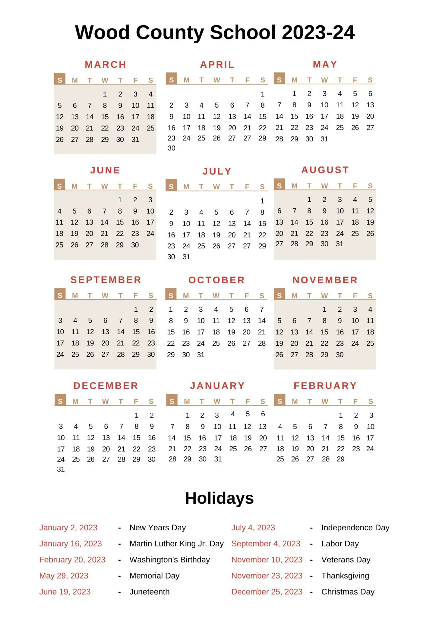 Wood County Schools Calendar 202324 With Holidays