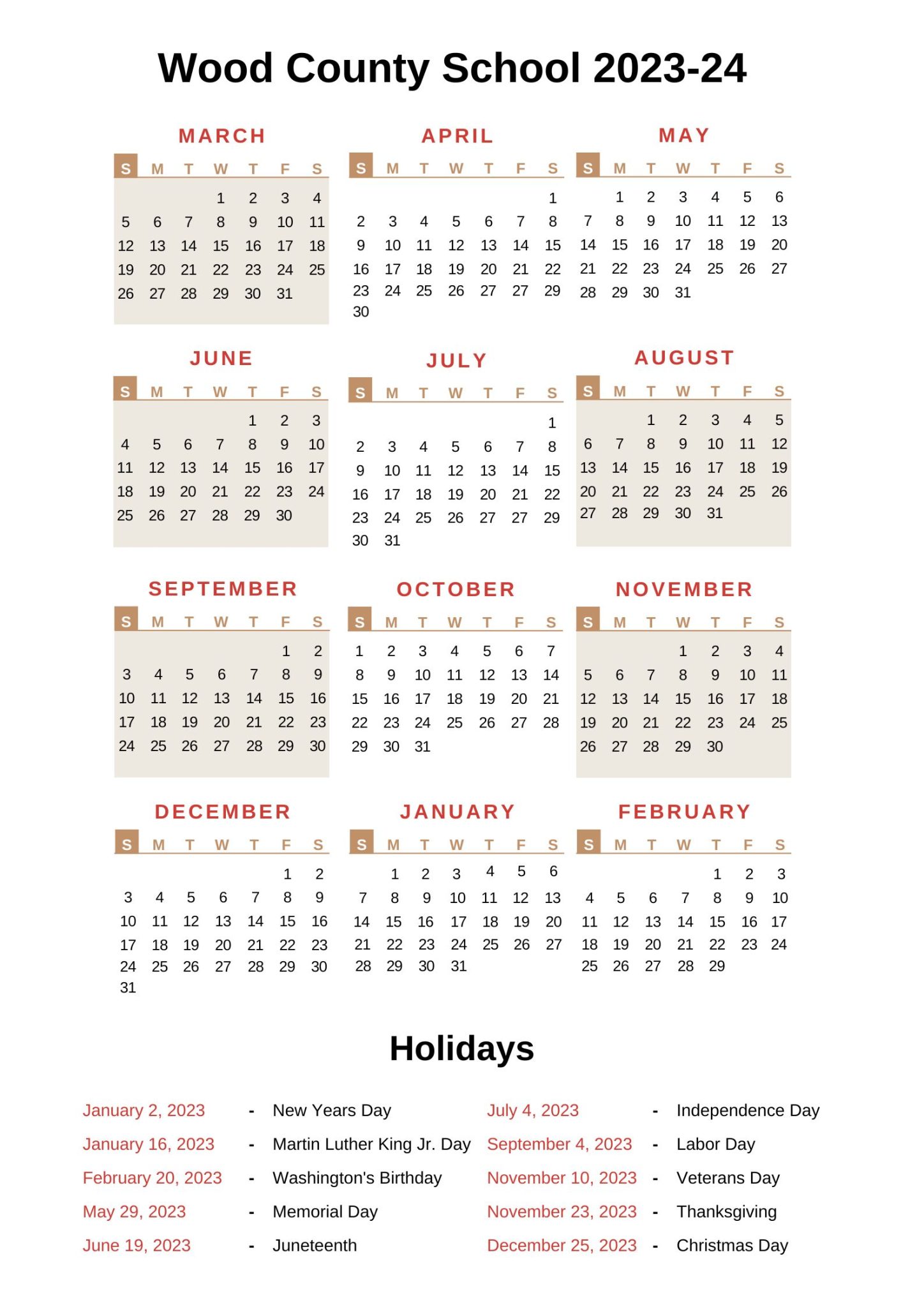 Wood County.Schools Calendar 2025 2026