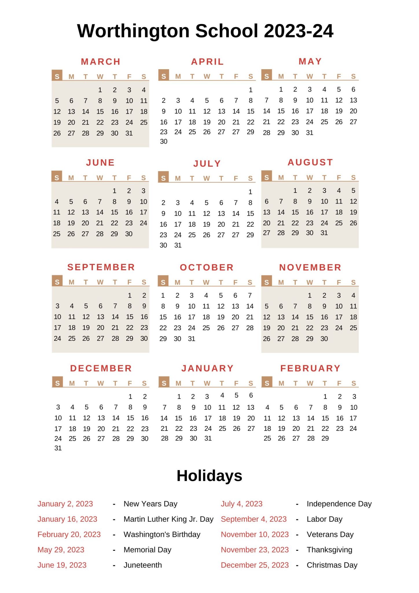 Worthington Schools Calendar 202324 With Holidays
