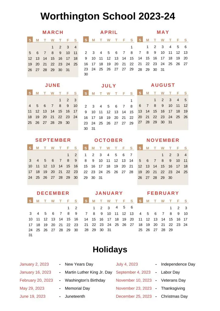 Worthington School Calendar