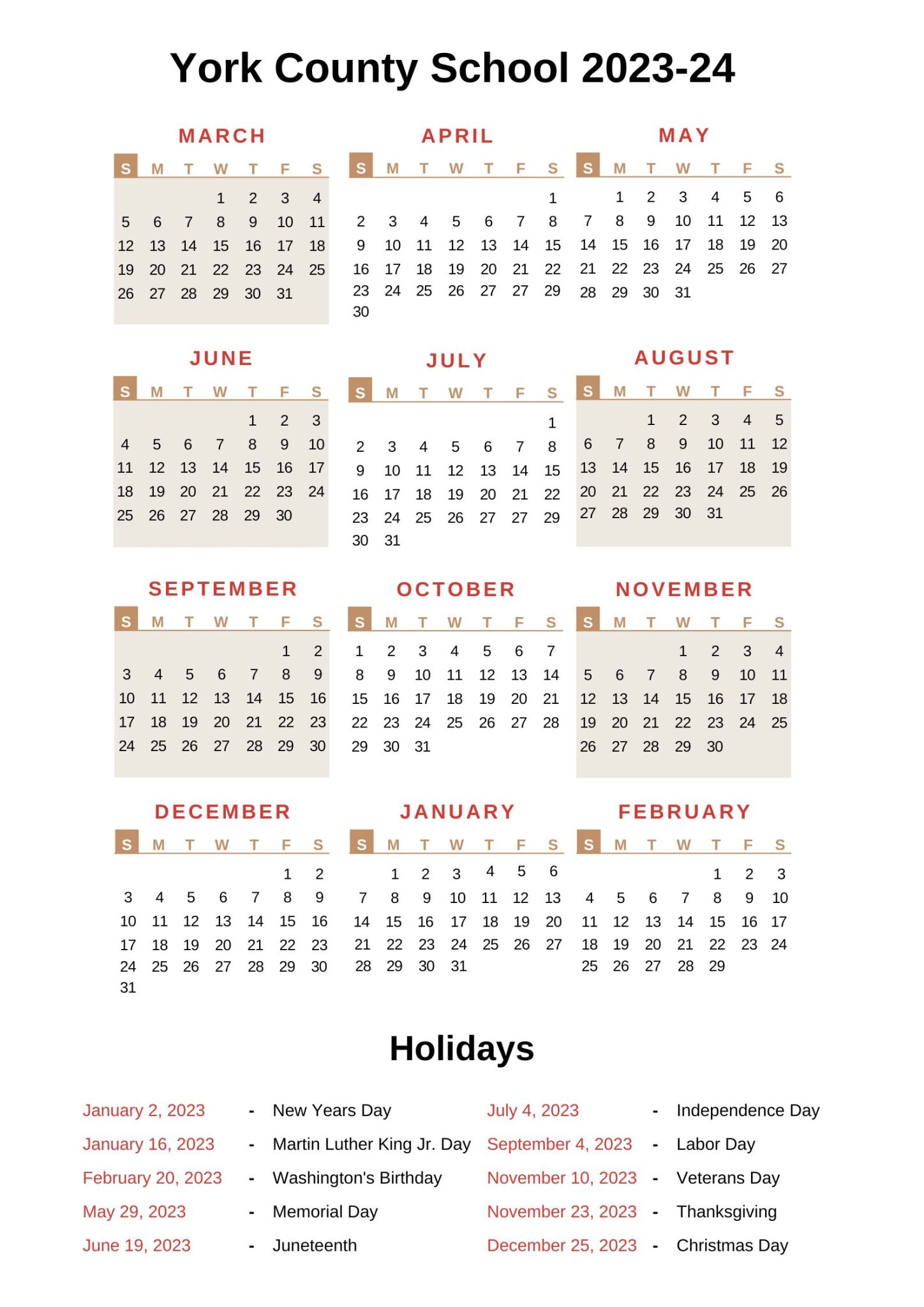 York County School Calendar 2023 24 with Holidays