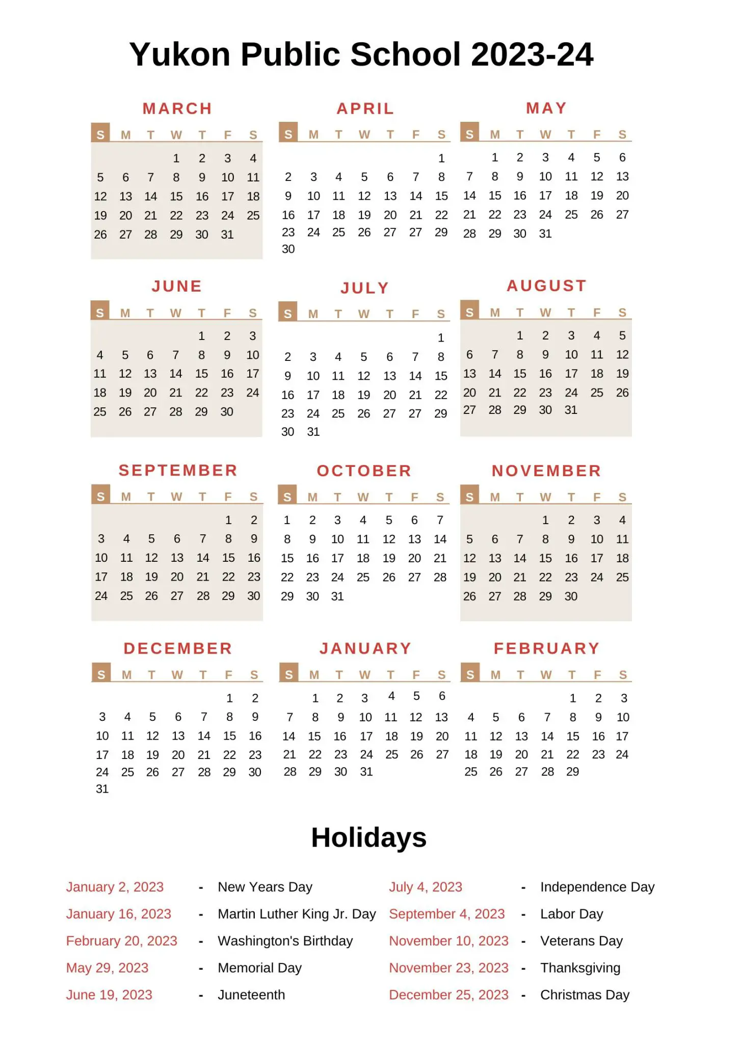 Yukon Public Schools Calendar 202324 With Holidays